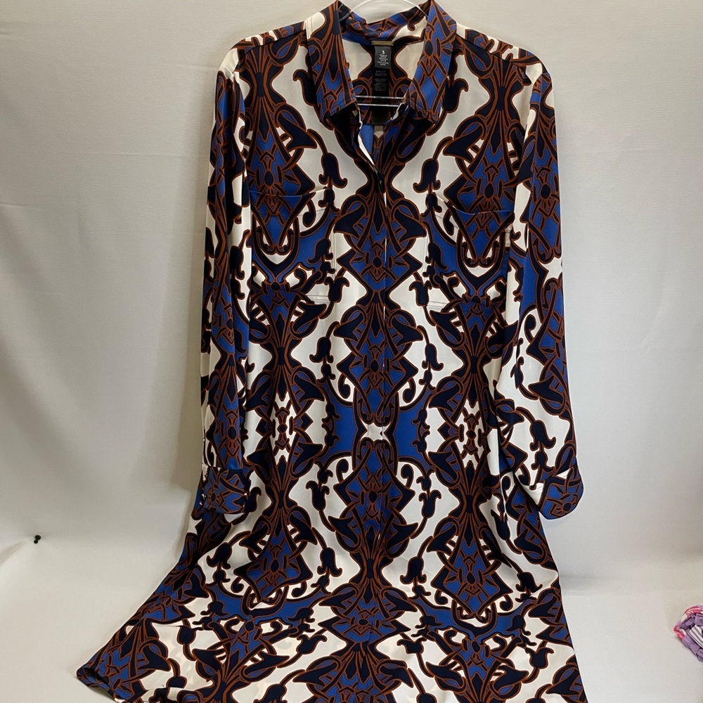 Chicos Black Label Button Down Printed Dress Midi Long Sleeve Chicos Size 3 XL